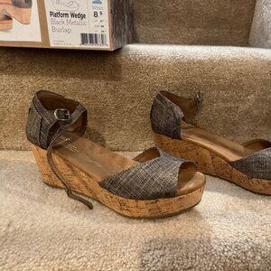 TOMS Womens Open Toe Ankle Straps Cork Wedge Platform Shoes/8.5/Metallic Burlap